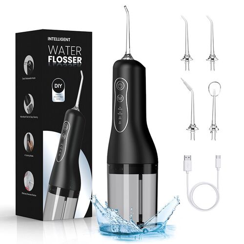 Sunluxy Hydropulseur Dentaire Portable Sans Fil, 140 Psi, Flux D¿Eau Pulsé Haute Pression, 4 Modes, Réservoir D¿Eau Amovible 260 Ml, Autonomie De 50 Jours, Fonction Mémoire Intelligent, 3 Types De Buses, Design Léger Optimisé Pour Le Voyage, L5 Noir