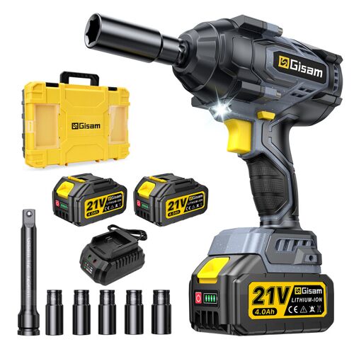 Gisam Clé À Chocs Sans Fil Brushless Avec Deux Batteries De 21 V, 4 Vitesses Pour Voitures Et Camions, Retrait De Pneus, Vis Et Écrous