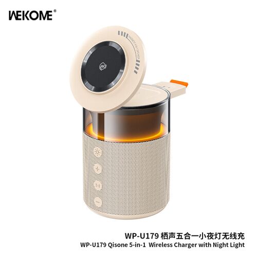 WEKOME Qisong Veilleuse 5-en-1 avec charge rapide sans fil TP-U179 ¿Noir¿¿Compatible avec les téléphones Apple, Huawei, Samsung et Xiaomi