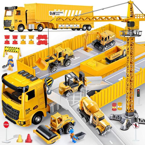 Terramus Coffret de camion porte-conteneurs musical à fonctionnement par frottement, avec 6 véhicules de chantier en alliage, grue de chantier en alliage, fonction catapulte, boutons de musique et pack d¿accessoires de scène de chantier