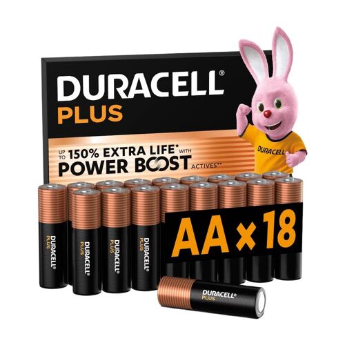 DURACELL Plus Lot de 18 piles AA alcalines 1,5 V, durent jusqu¿à 150 % plus longtemps grâce aux Actifs POWER BOOST, fiables pour vos appareils du quotidien, emballage 0 % de plastique, conservation garantie 10 ans - LR6 MN1500