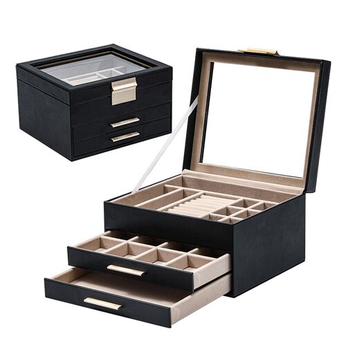 JORDAN&JUDY Boîte à bijoux à plusieurs niveaux, petite boîte à boucles d'oreilles, boîte de rangement pour bagues, boîte pour colliers, étui à bijoux pour boucles d'oreilles - 3 niveaux, noir