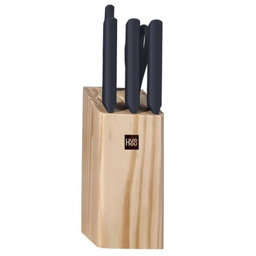 Huohou Lot De 6 Couteaux De Cuisine En Acier Inoxydable Avec Bloc En Bois Avec Lames 30cr13, Tranchant Poli À La Main, Manches Ergonomiques En Pp Et Bloc En Pin À Double Inclinaison