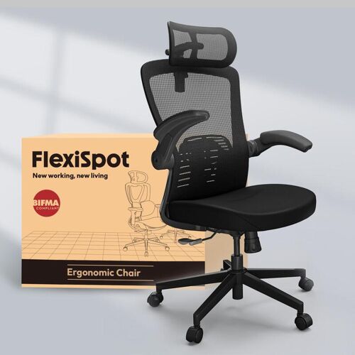 Chaise de Bureau Ergonomique FLEXISPOT avec Appui-Tête 3D et Dossier Réglable en Hauteur, Accoudoirs Relevables en PU, Assise en Mousse Forme W, Inclinaison à 135°, Charge Max. 150 kg (Noir)