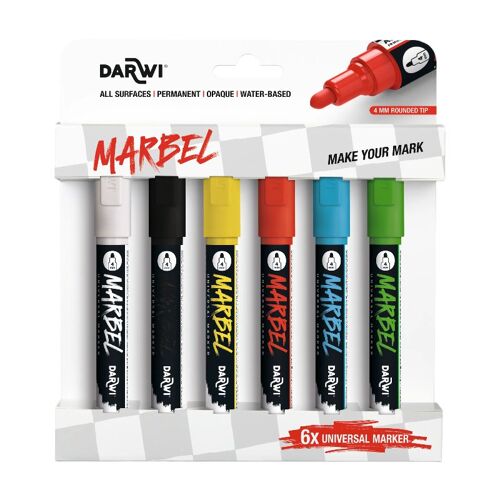 Clairefontaine Marbel Set De 6 Marqueurs Universel Pointe Ronde Médium 4mm Assortiment Primaire