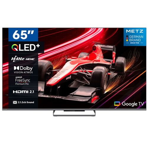 METZ 65MQE8000Z TV 65 pouces (165 cm) QLED Google TV, 144 Hz, 4K UHD HDR10+, Dolby Vision & Atmos, Système audio 2.1.2 avec caisson de basses intégré, HDMI 2.1, FreeSync Premium, MEMC, protection des yeux (faible lumière bleue, sans scintillement)