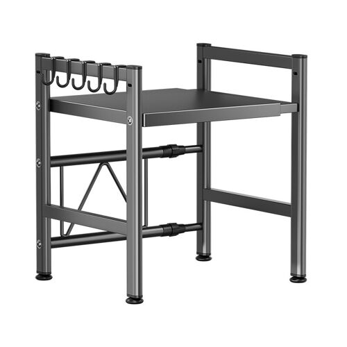 Maxcook support micro-ondes à double couche extensible pour plan de cuisine, rangement ustensiles de cuisine et vaisselle, support de plan de travail en acier au carbone pour micro-ondes, avec 5 crochets 39 62*33*47 cm Gris Modèle : MCZW1185