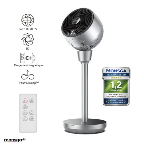 Monsga AC300 Ventilateur sur Pied, Air Circulator 3D, Oscillation 120°+90°, 5 Vitesses, 3 Modes, Silencieux 20dB, Télécommande, Minuterie 8H