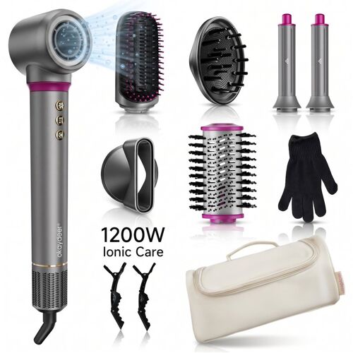 Okaydeer Air Styler Avec Effet Coanda, Sèche-Cheveux Haute Vitesse 7-En-1 & Boucleur Automatique, Brosse Soufflante Ionique Pour Séchage Et Coiffage Rapides, Sans Chaleur Extrême, Tous Types De Cheveux, Avec Étui De Voyage, Gris Métal & Rouge Rose, D1 