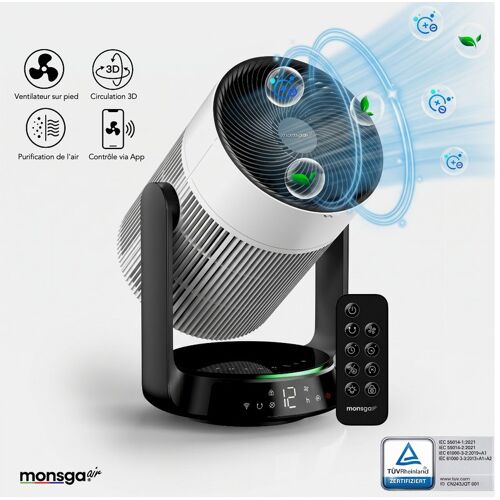 Monsga AP200 Ventilateur sur Pied 2-en-1 avec Purificateur d¿Air, Oscillation 360°, CADR 280 m³/h, Silencieux 25 dB, Télécommande & App