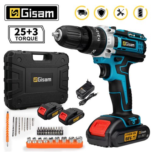 Gisam Drillpro 25+3 Perceuse-Visseuse À Chocs Sans Fil 2 Vitesses Avec Batterie Lithium-Ion Et Outils Électroportatifs