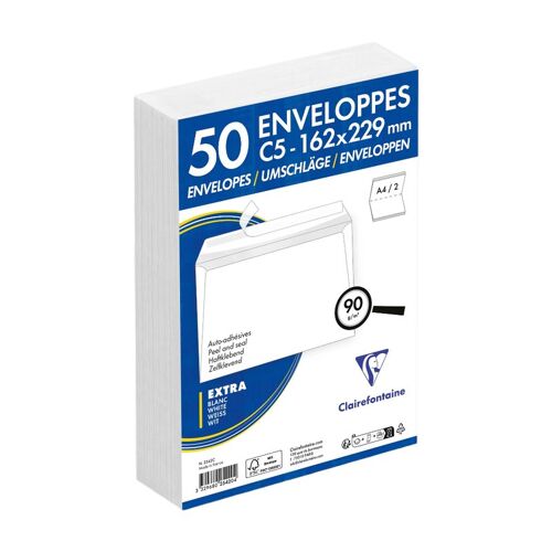 CLAIREFONTAINE 2542C Lot de 50 enveloppes blanches auto-adhésives C5 / 162 x 229 mm - 90 g/m²