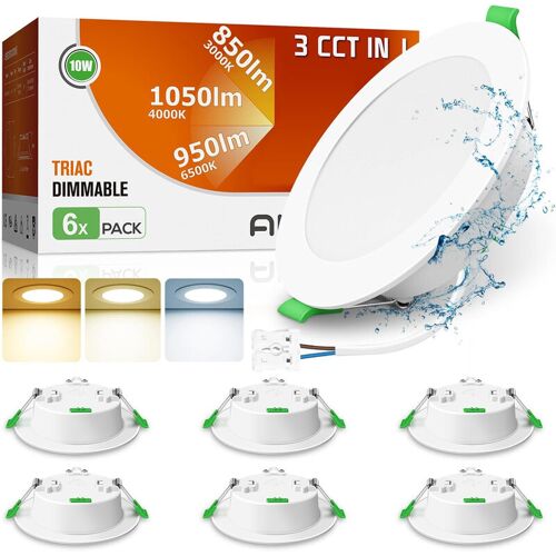 Alusso 6 Spots Encastrables Led, 230 V, Dimmable, 10 W, 1050 Lm, 3 Cct, Ip44, Pour Salle De Bain Et Cuisine, Blanc, Classe Énergétique D