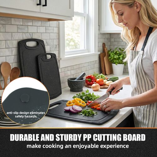 Set de 3 Planches à Découper Multi-Tailles pour Viande, Légumes et Fruits, Anticontamination, Antidérapantes et Compatibles avec les Couteaux, Poignées Ergonomiques