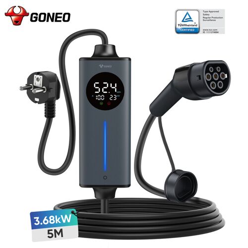 Goneo Type 2 Chargeur Ev Portable Fiche Schuko 16a 3.68kw Avec Protection Rcd 30ma+6ma Dc, Minuterie Et Économie D¿Énergie, Sécurité Totale, Plug & Play, Compatible Avec Tous Les Véhicules Électriques Iec 62196-2 Ve Et Phev - 5 M