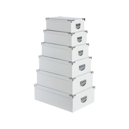 5five Lot de 6 boîtes de rangement, blanc uni, carton et métal, L 32 x l 21,5 x H 11,8 cm (Plus petite)