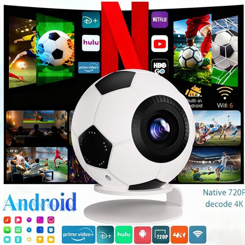 XBJ Mini projecteur en forme de ballon de football compatible 4K | 1080p, 800 ANSI lumens, Android 14 avec applications intégrées, télécommande avec commande vocale, Wi¿Fi 6, Bluetooth 5.4, correction automatique du trapèze