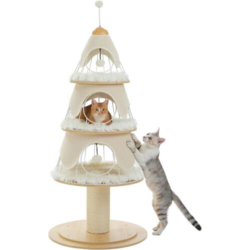 Pawz Road Arbre De Noël Pour Chat 130 Cm, Tour Pour Chat Avec Poteau À Griffer Recouvert De Sisal De 14 Cm Et 3 Grandes Niches Pour Chat, Grand Poteau À Griffer Pour Chats D¿Intérieur, Blanc