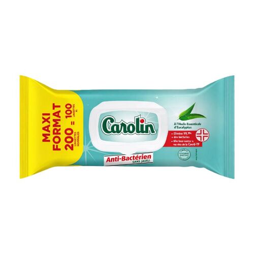CAROLIN Lingettes multi-usages maxi format anti-bactériennes et sans javel à l'huile essentielle d'eucalyptus - 200 pièces