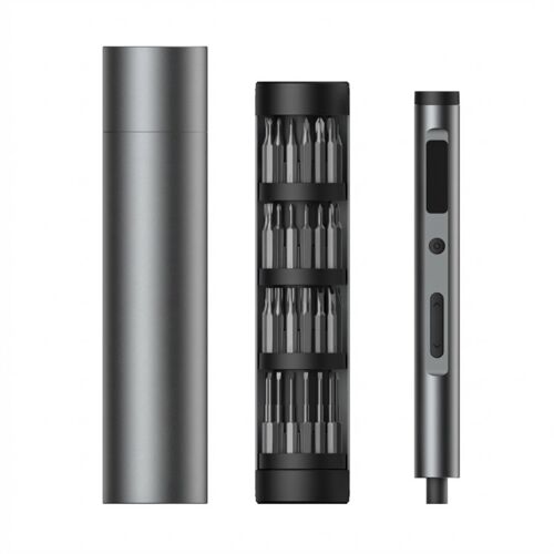EasyWox Kit de mini-tournevis électrique 62-en-1 avec affichage numérique du couple, batterie lithium rechargeable 500 mAh, boîte de rangement rotative et embouts longs - Gris