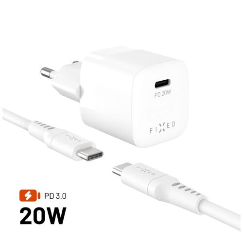 Chargeur de voyage mini FIXED 20W avec câble USB-C vers USB-C, Blanc