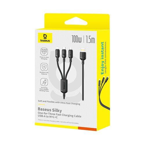 Baseus Silky One-for-Three Câble de charge rapide USB-A vers M+L+C 100 W - Noir cosmique/1,5 m