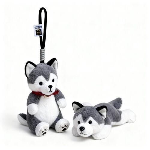 Peluche chien mignon en position assise, type Husky, 15 cm