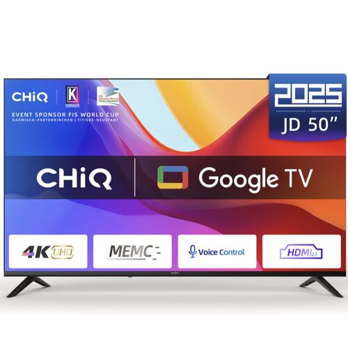 CHiQ U50JD Smart TV 4K Ultra HD 50 pouces (127 cm), HDR10, MEMC, ALLM, Bluetooth 5.1, rapport de contraste 5 000:1, Dolby Audio, design sans bordure entièrement métallique