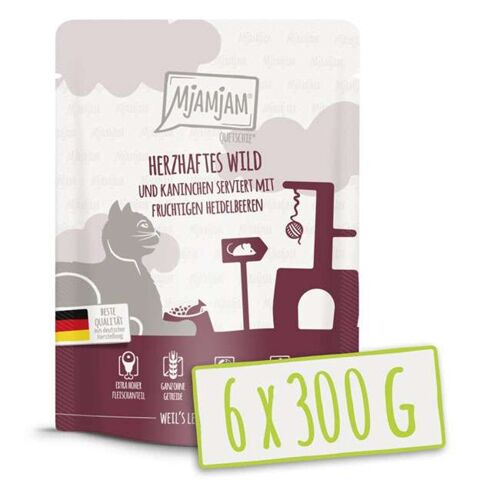 Mjamjam - Aliment Pour Chat - Quetschie - Gibier Et Lapin, Servis Avec Des Myrtilles - 6 X 300 G