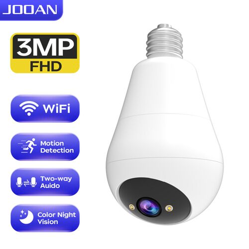 JOOAN E27 Caméras de surveillance intérieures/extérieures sans fil, pan/tilt 360°, vision nocturne en couleur, lampe LED et projecteur, Wi¿Fi 2,4 GHz, pour sécurité intérieure et extérieure