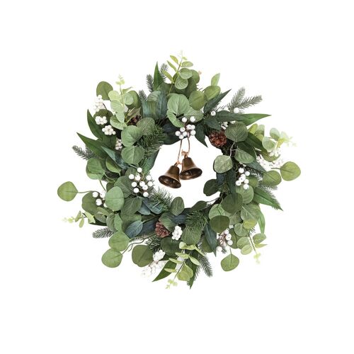 Daisy Darcy Couronne de Noël 50 cm Eucalyptus et baies avec des clochettes en métal Matériaux naturels : pommes de pin