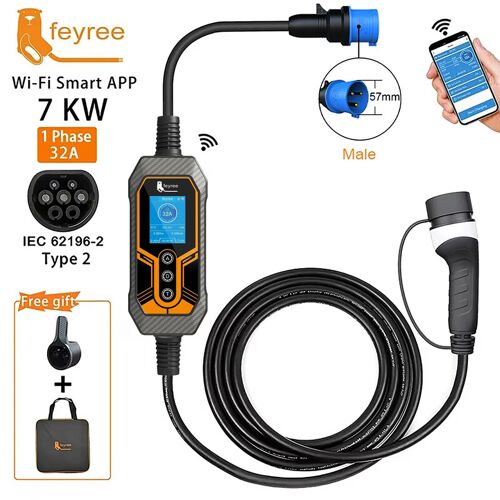 feyree Chargeur de voiture électrique portable type 2 EVSE, avec contrôle via application Wi¿Fi, courant réglable et charge intelligente - 32 A / 7 kW
