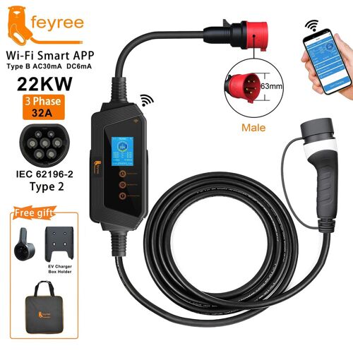 Feyree Chargeur de voiture électrique portable 22 KW 32 A, 3-phase type 2, station de charge EVSE avec contrôle via application Wi¿Fi