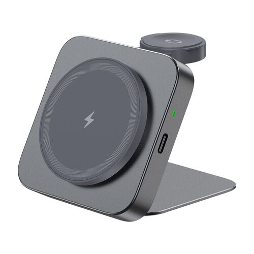 Rexsun T15 Station de charge pliable sans fil pour smartphone magnétique 2-en-1 pour MagSafe - Gris