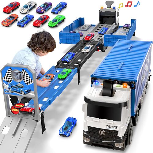 Terramus Véhicule transporteur de voitures jouet - Bleu - Transporteur portable avec 8 voitures de course - Coffret de véhicules porteurs - Cadeau d¿anniversaire pour enfants de 3 à 12 ans et plus, garçons et filles