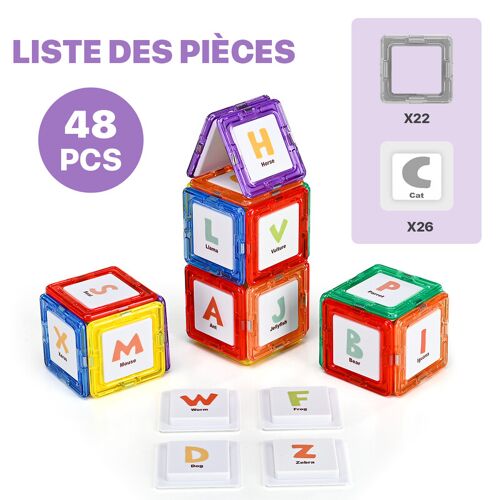 Tokky 48 pièces de tuiles magnétiques sur le thème de l'alphabet, blocs de construction, jouets éducatifs, structure magnétique puissante, matériau ABS sûr, apprentissage et jeu CQ11