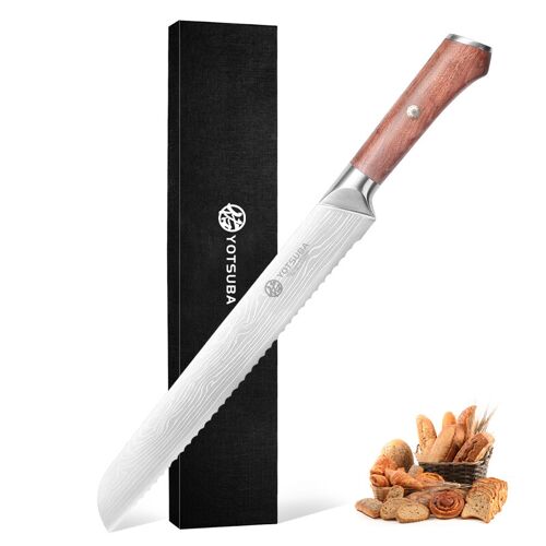 Yotsuba Couteau À Pain Forgé À La Main 38 Cm, Conception À Tranchant Alvéolé, Lame En Acier Multicouche, Manche En Bois De Rose, Couteau De Cuisine