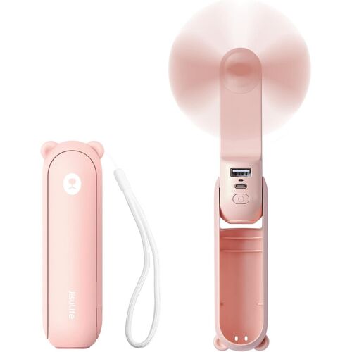 JISULIFE Mini ventilateur à main, 3-en-1 (ventilateur personnel / batterie externe rechargeable 2000 mAh / lampe de poche) design de poche pour l'extérieur, rose