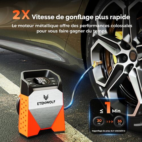 Etenwolf Zephyr S3 Gonfleur De Pneus Portable, Compresseur D'air, Cycle De Service À 100 %, Pompe À Air 160 Psi - Orange Vif