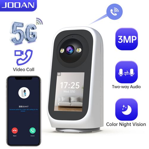 JOOAN Caméra de surveillance intérieure 5G Wi¿Fi avec écran 2K, PTZ 360°, caméra IP pour la maison, pour bébé et personnes âgées, carte SD, stockage en nuage, détection de mouvement, suivi automatique, audio bidirectionnel, vision nocturne en couleur