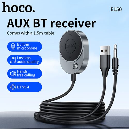 HOCO E150 Liantu Récepteur Bluetooth pour voiture avec câble intégré - Gris plomb