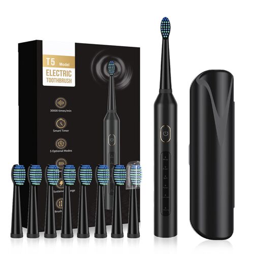Sunluxy T5 Brosse à dents sonique électrique rechargeable avec 8 têtes de brosse et minuteur intelligent - Noir