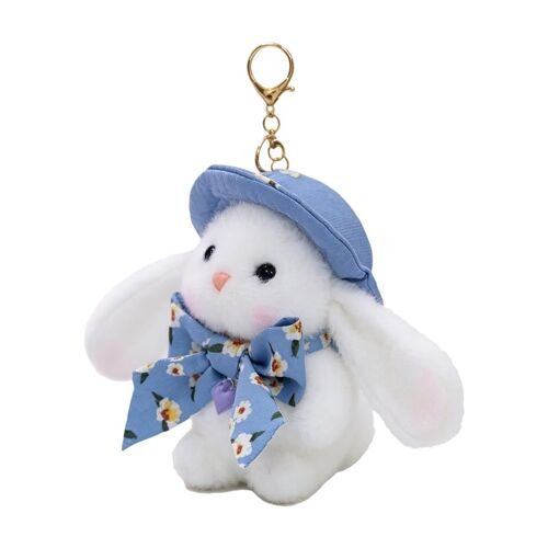 Porte-clés lapin en peluche bleu, chapeau SD, 13 cm