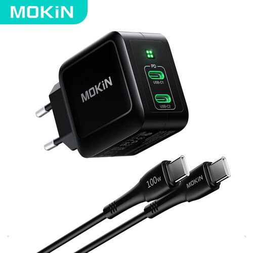 Mokin PD67W GaN Chargeur double USB-C (UE) avec câble 1,2 m - Noir