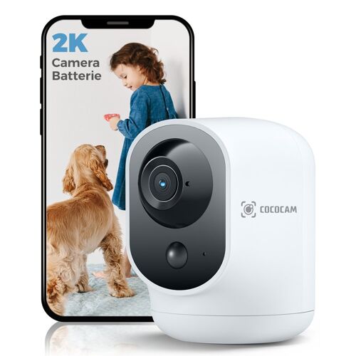 COCOCAM Caméra de sécurité intérieure 2K Wi-Fi panoramique et inclinable avec batterie 5200 mAh sans fil, reconnaissance IA, détection humaine PIR, compatible Alexa, 2,4 GHz