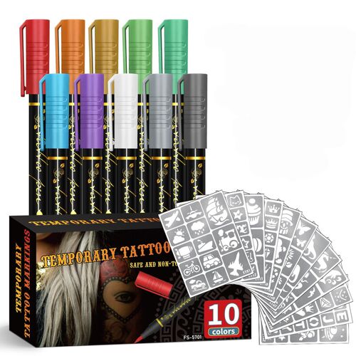 Set De 10 Feutres Imperméables De Tatouage Temporaire Et 12 Pochoirs De Tatouage