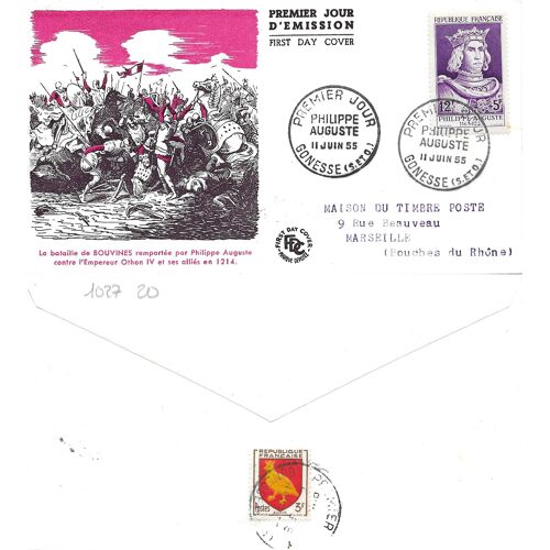 France 1955, Belle Enveloppe 1er Jour, Timbre Yvert 1027, Philippe Auguste, Cachet De Gonesse, Belle Illustration Couleur - Bataille De Bouvines, Au Verso, Blason D'Aunis, Cote 20 Euros.
