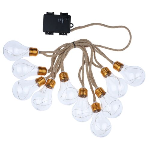 Guirlande Lumineuse Led D¿Extérieur Avec Corde En Chanvre 50 Cm Et Ampoules En Plastique Transparentes ¿ 10 Led Blanc Chaud (5 Led Par Unité) × 5 Unités, 10 Ampoules (6 × 9 Cm Chacune) Et Socle En Métal Doré, Piles Non Incluses