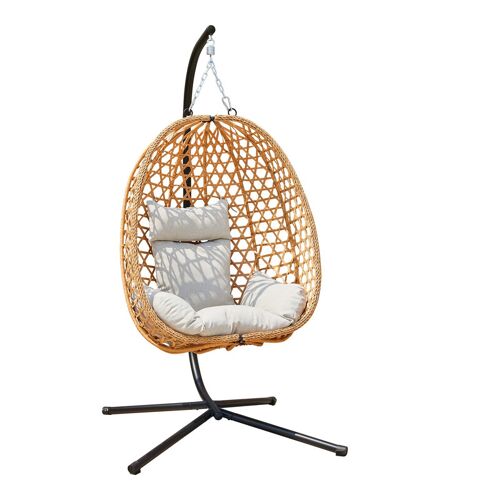 Fauteuil ?Uf Suspendu Avec Tissage En Rotin Pe Et Pied En Acier Galvanisé