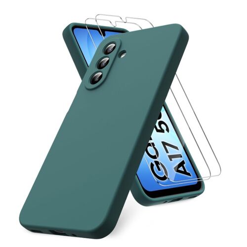 Coque pour Samsung Galaxy A17 4G/ 5G - 2 Verre trempé , Coque Silicone Liquide Intérieur Microfibre VERT FONCE - HQSELECTION